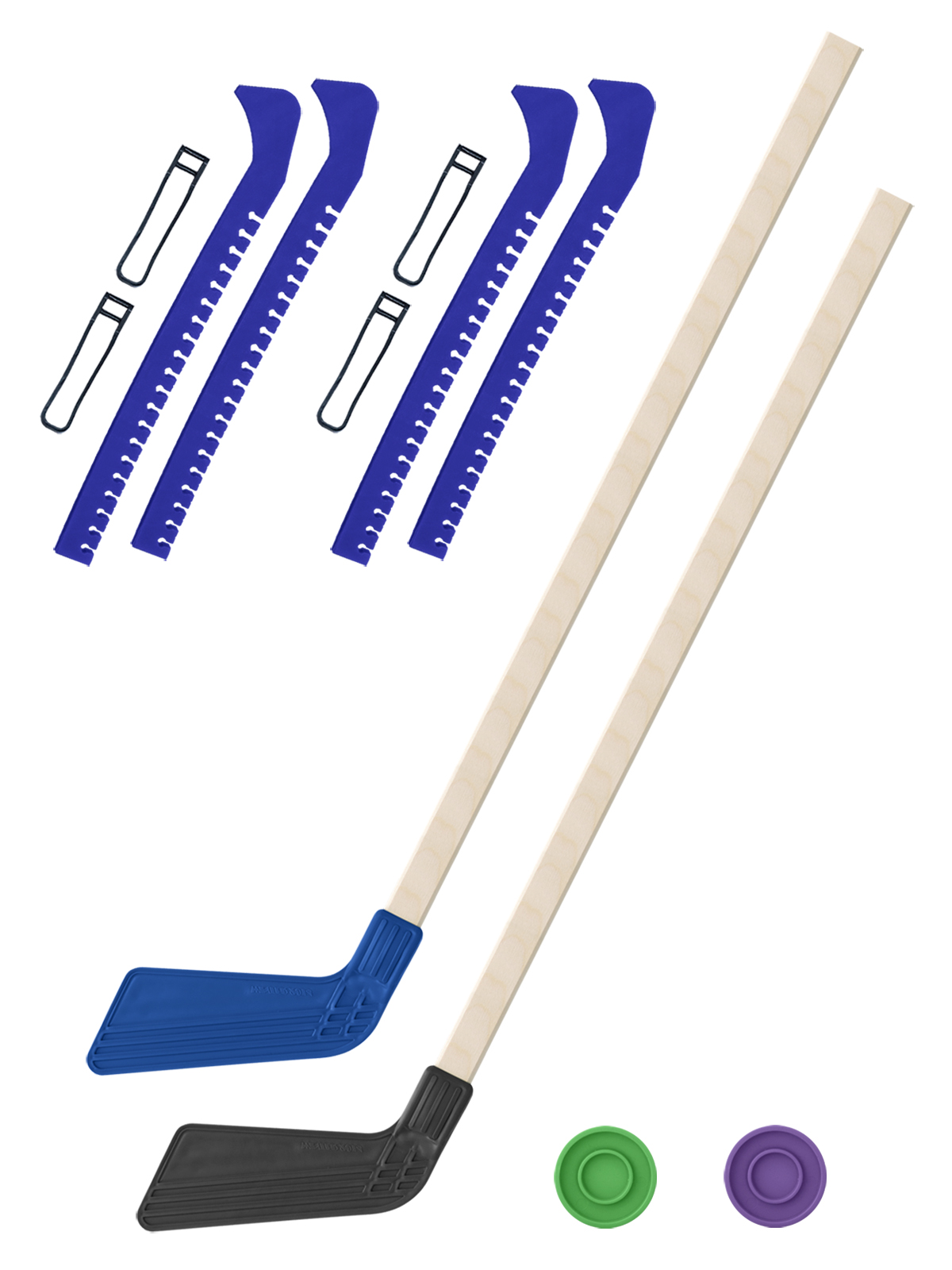 Хоккейный набор Задира-плюс клюшка детская(син+чер)2шт+2 шайбы+чехлы для коньков син 2шт