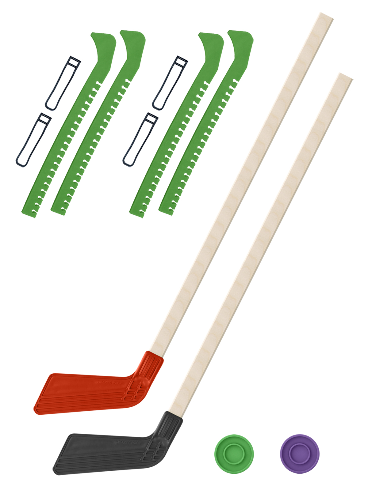 Хоккейный набор Задира-плюс клюшка детская(крас+чер)2шт+2 шайбы+чехлы для коньков зел 2шт