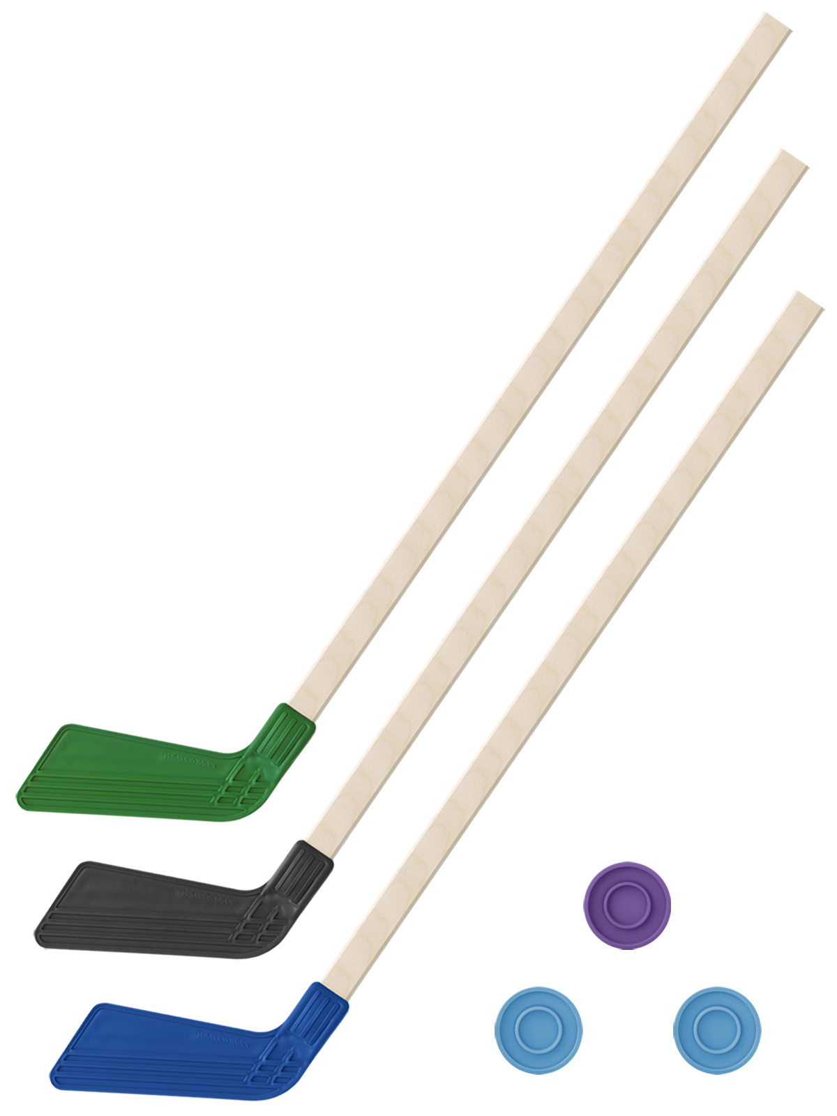 фото Хоккейный набор 3 в1 задира-плюс клюшки 80 см зеленая, черная, синяя + 3 шайбы
