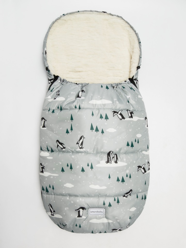 

Конверт зимний меховой AMAROBABY Snowy Travel Пингвины, серый, 105 см