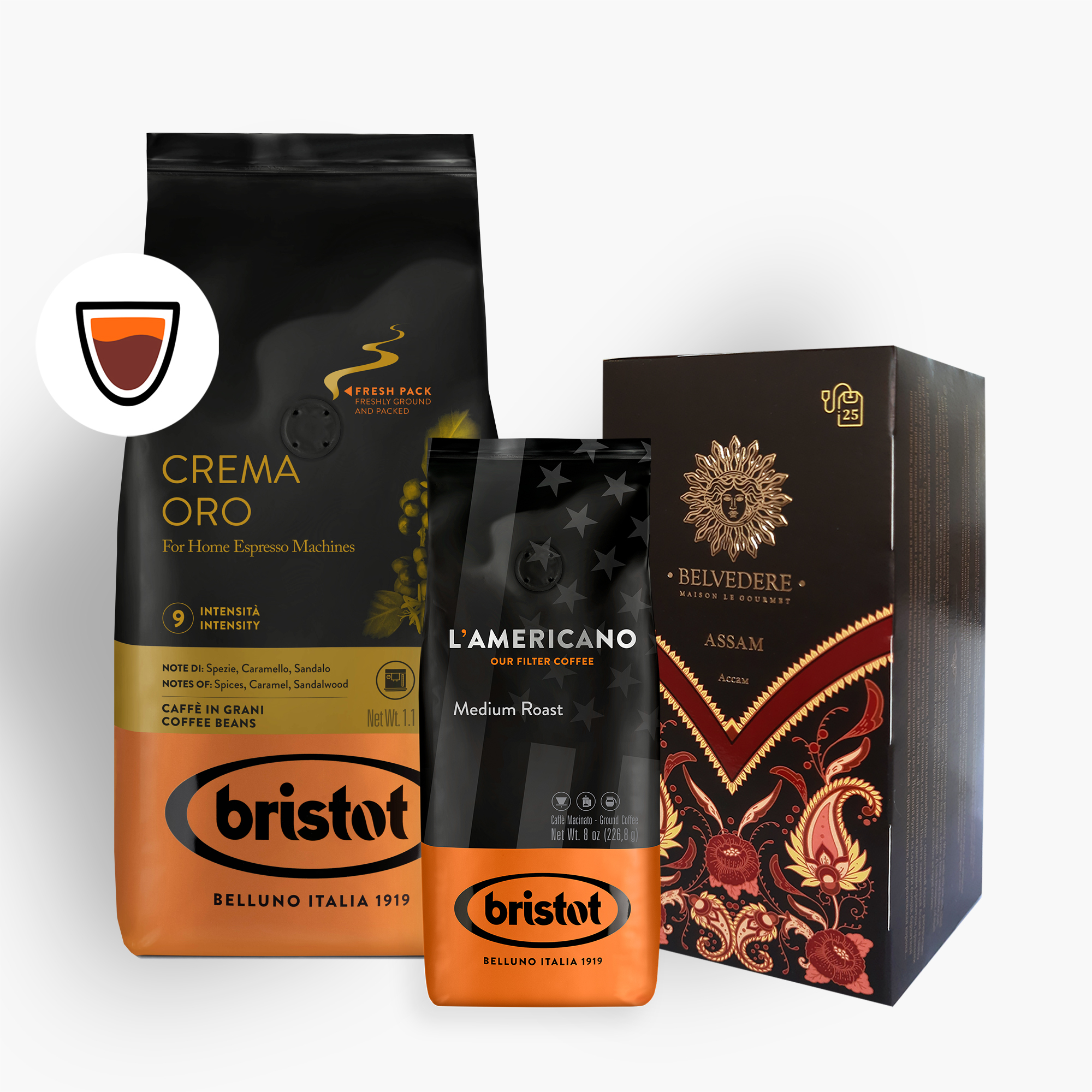 

Набор из кофе Bristot CREMA ORO 500 гр, Americano 70 гр и чая Assam 25 пакетиков