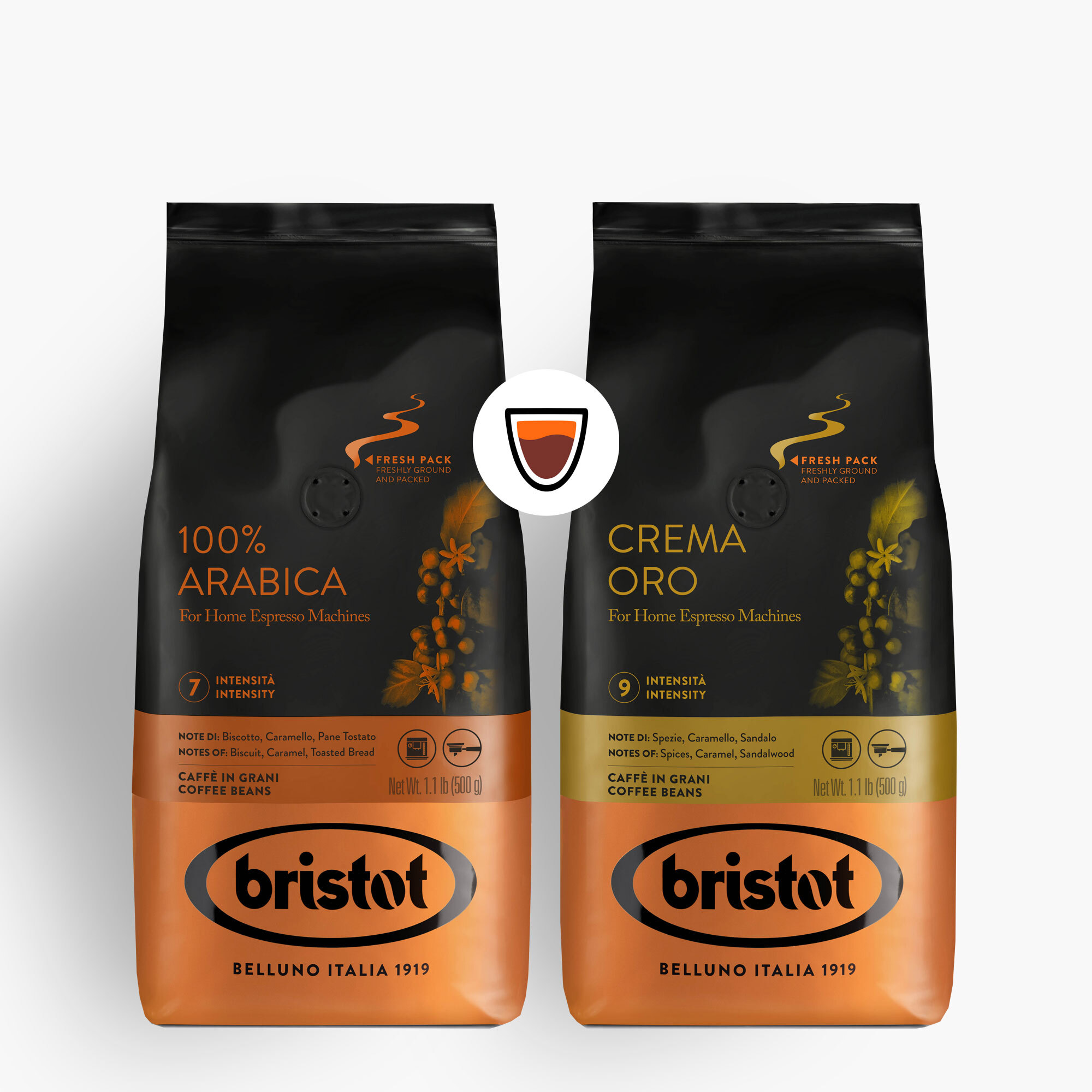 

Набор из кофе Bristot ARABICA 100% 500 гр и CREMA ORO 500 гр, серия fresh pack