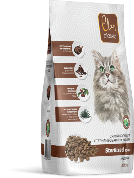 Сухой корм для кошек Clan Classic Sterilized 30/14, для стерилизованных, индейка, 400 г