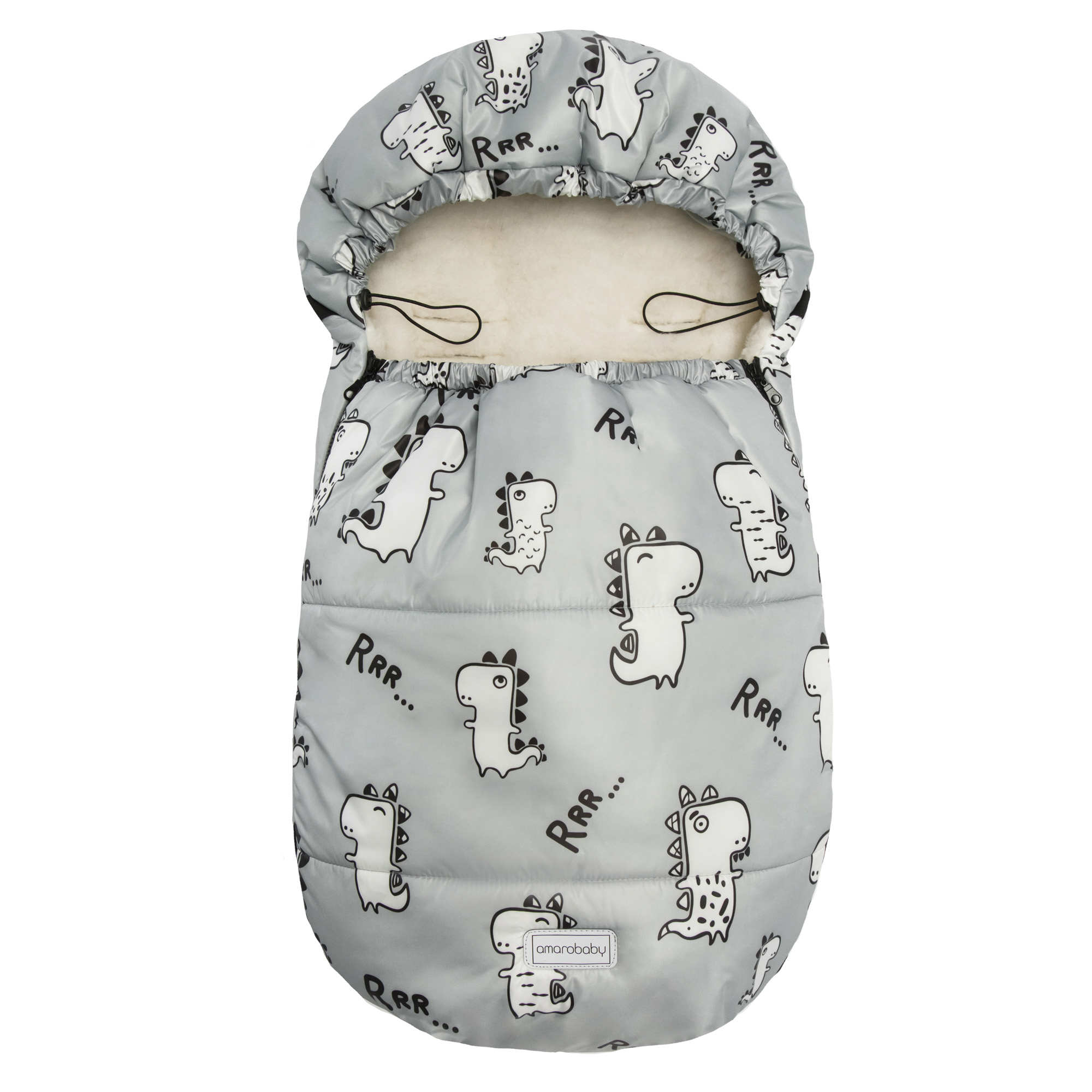 фото Конверт зимний меховой amarobaby snowy baby динозавры, серый, 85 см