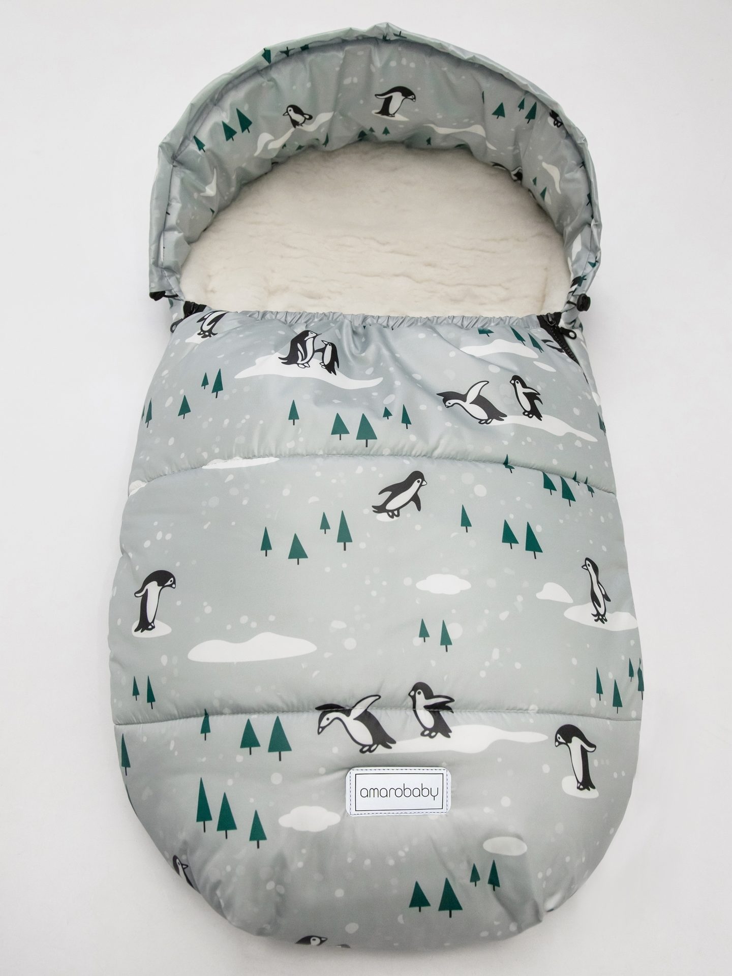 

Конверт зимний меховой AMAROBABY Snowy Baby Пингвины, серый, 85 см
