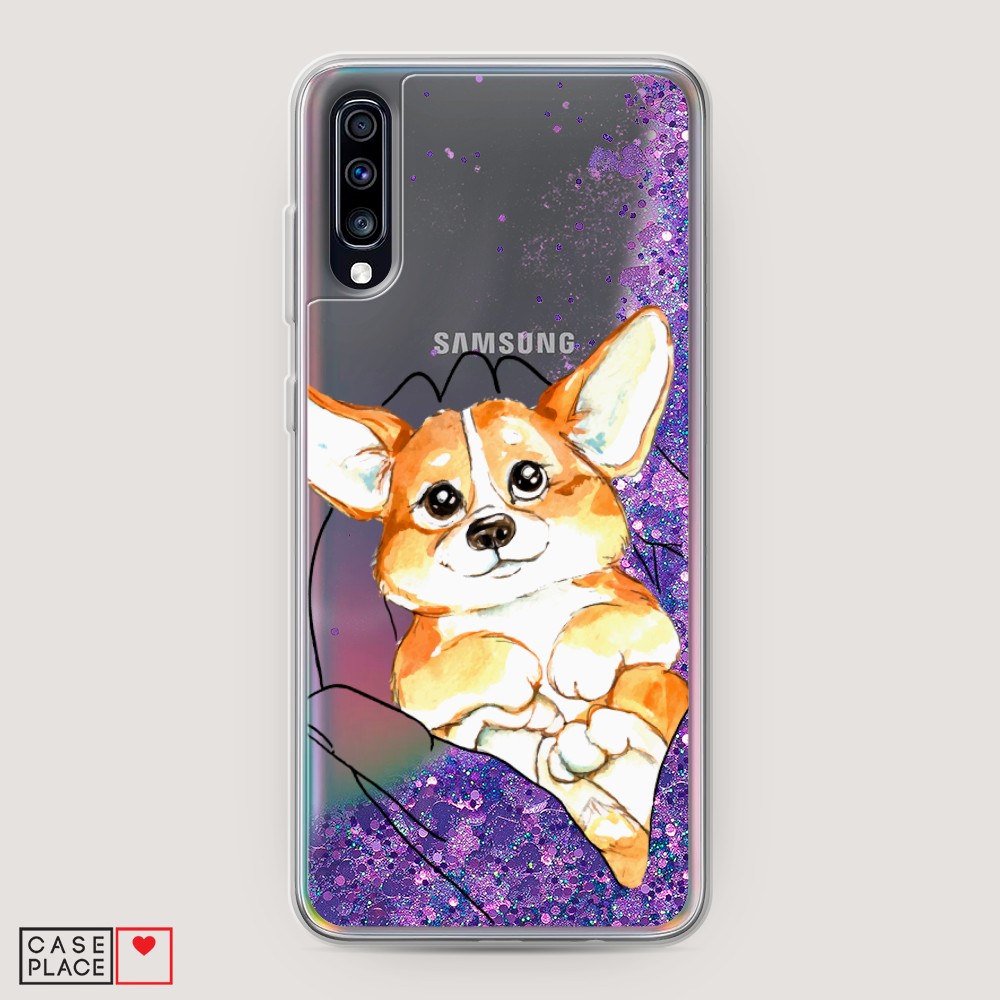 

Жидкий чехол с блестками "Корги в ладошках" на Samsung Galaxy A70, 28192-1
