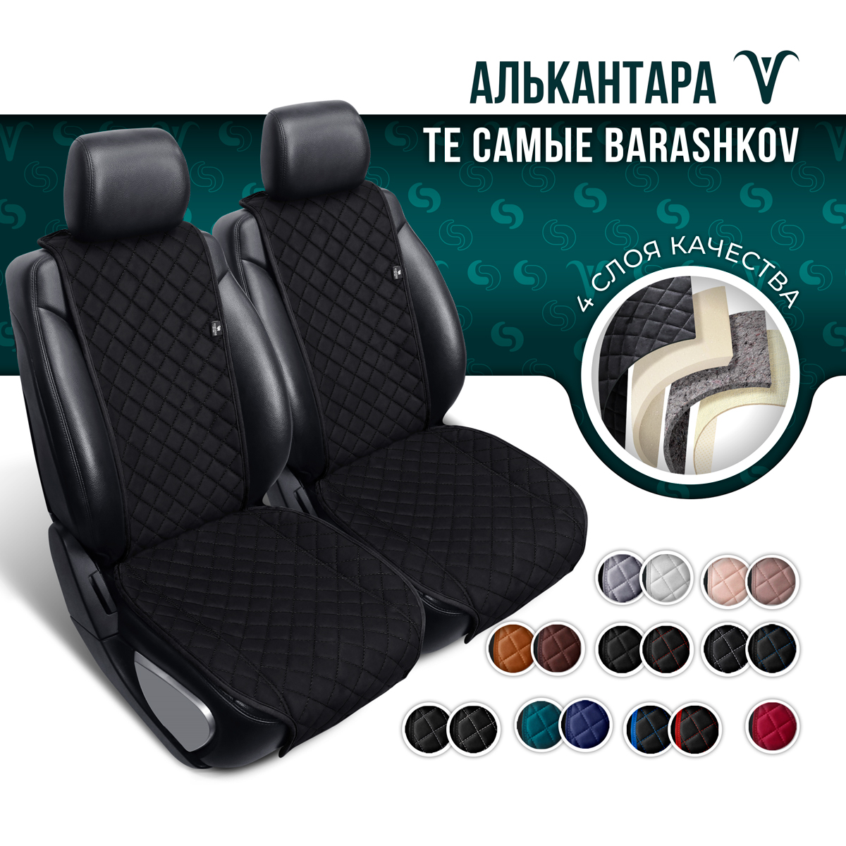 

Пара накидок Barashkov из алькантары на переднее сиденье автомобиля. Модель M., Черный, MMODEL2