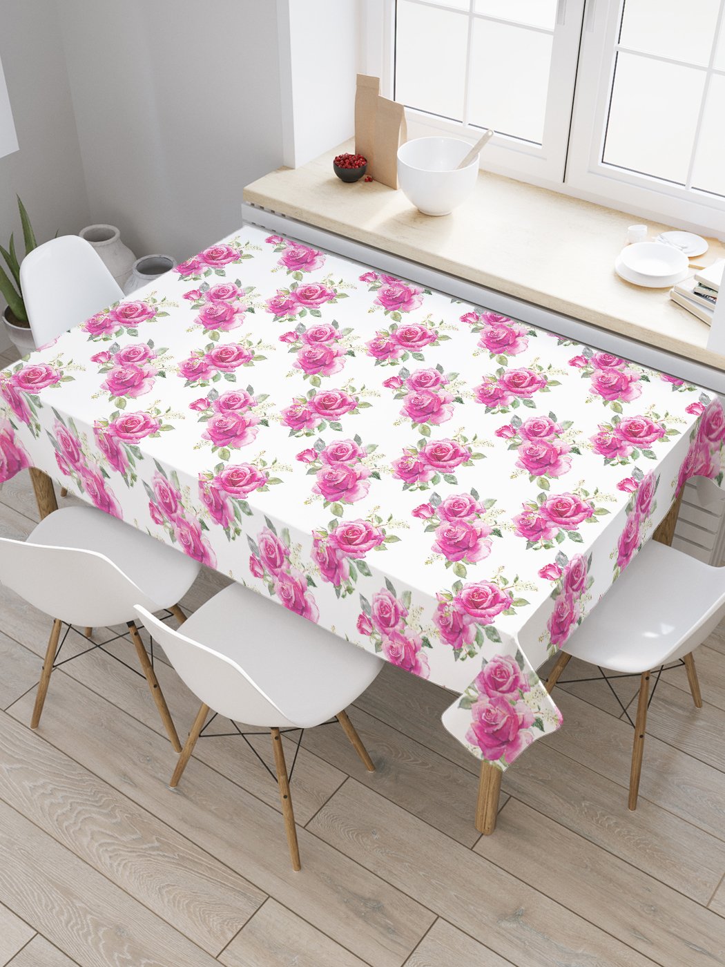 

Скатерть прямоугольная JoyArty "Цветущие розы" из сатена, 120x145 см, Белый, Цветущие розы