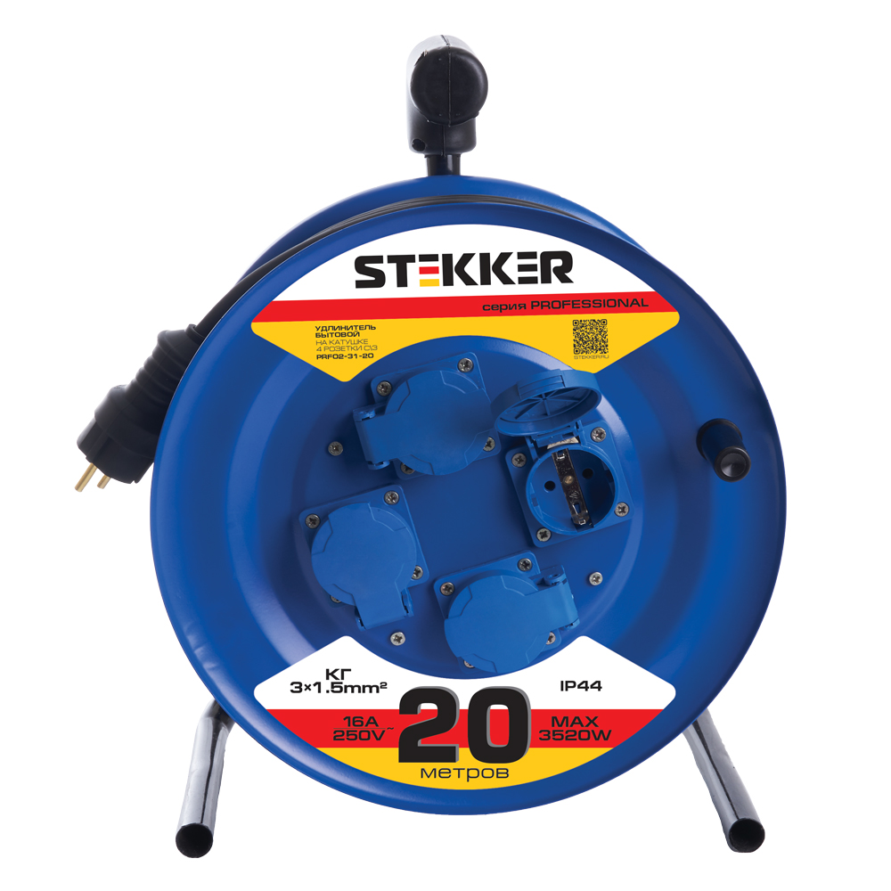 Удлинитель на катушке STEKKER PRF02-31-2080097 39785 4-местный с/з 20м Professional нож пластиковый metro professional белая 165 мм 100 шт