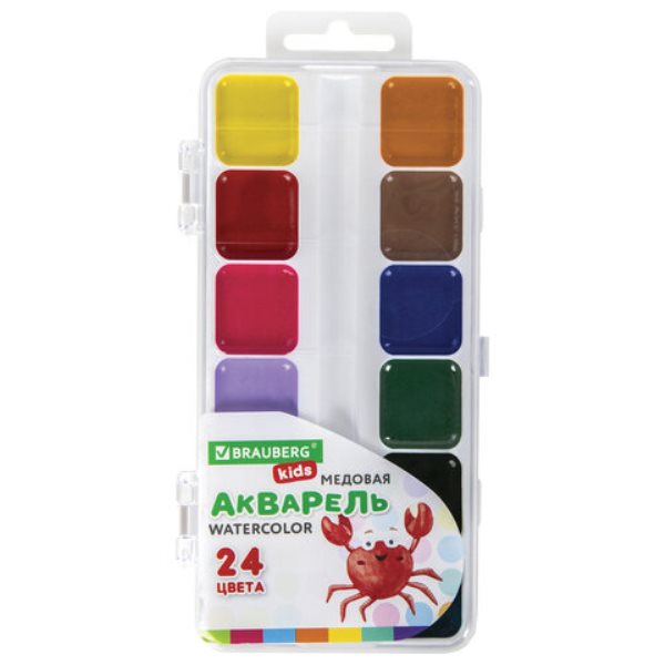 фото Краски акварельные brauberg kids, медовые, 24 цвета, квадратные кюветы, пластиковый пена