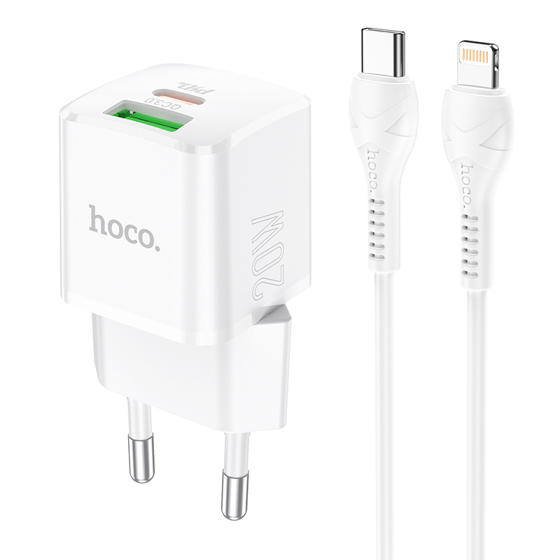 Зарядное устройство hoco n20 prestige usb+type-c + кабель type-c/lightning, 3a, белый