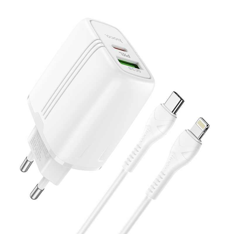 Зарядное устройство hoco n11 powerful usb+usb-c + кабель type-c-lightning, 3a, белый