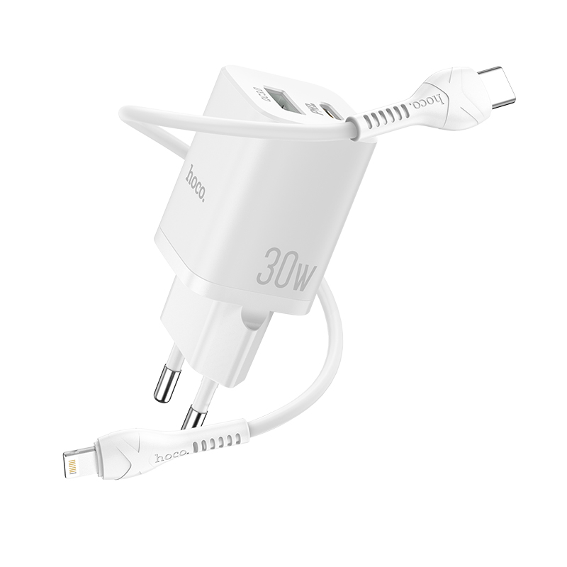 Зарядное устройство hoco n13 bright usb+usb-c + кабель type-c-lightning, 3a, белый