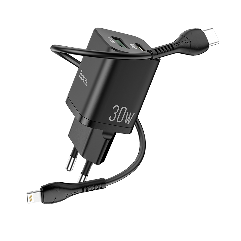 Зарядное устройство hoco n13 bright usb+usb-c + кабель type-c-lightning, 3a, черный