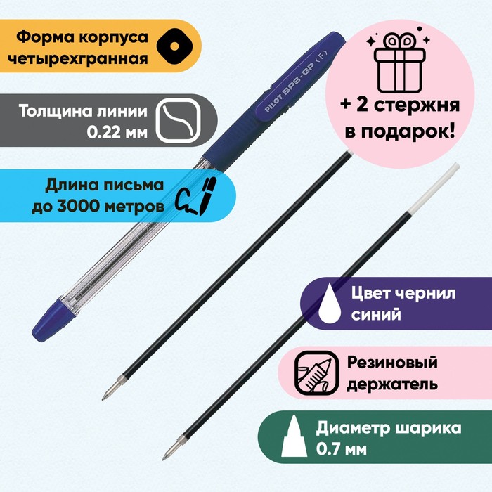 

Ручка шариковая Pilot синяя, 0,7 мм, 2 сменных стержня (53397)