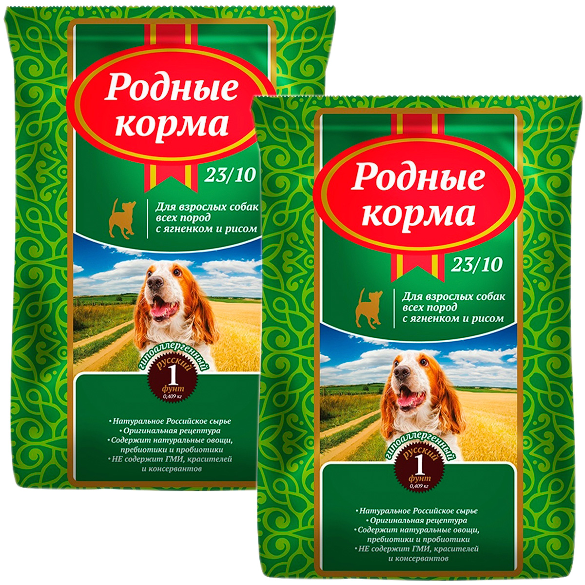 Сухой корм для взрослых собак Родные корма 23/10 с ягненком и рисом, 2 шт по 0,409 кг