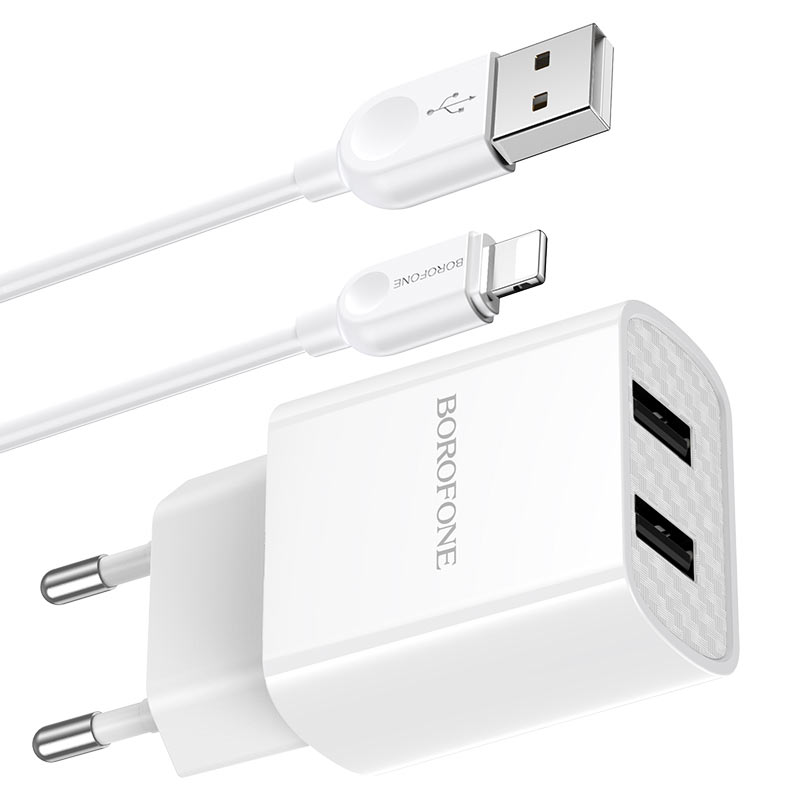 фото Зарядное устройство borofone ba53a powerway 2*usb + кабель usb-lightning, 2.1a, белый