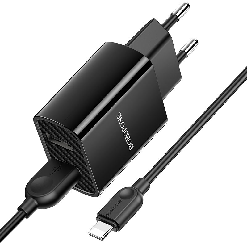 

Зарядное устройство borofone ba53a powerway 2*usb + кабель usb-lightning, 2.1a, черный