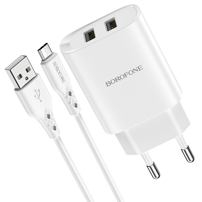 Зарядное устройство borofone bn2 super fast 2*usb + кабель usb-micro, 2.1a, белый