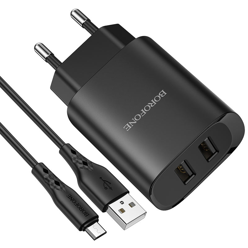 

Зарядное устройство borofone bn2 super fast 2*usb + кабель usb-micro, 2.1a, черный