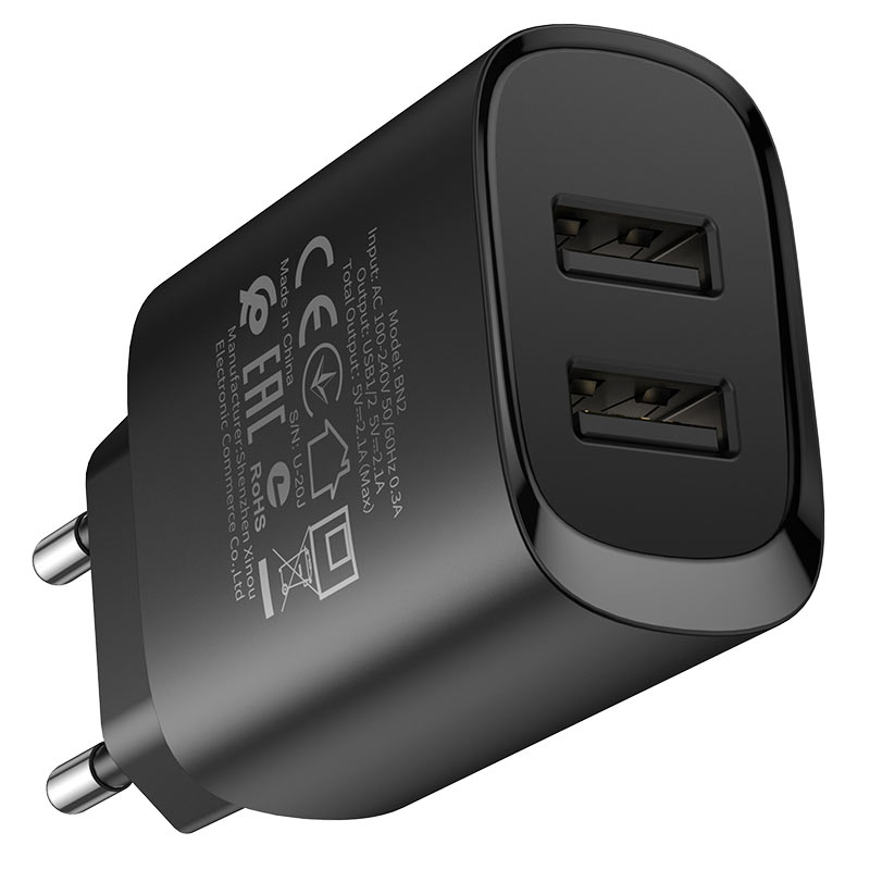 Зарядное устройство borofone bn2 super fast 2*usb, 2.1a, черный