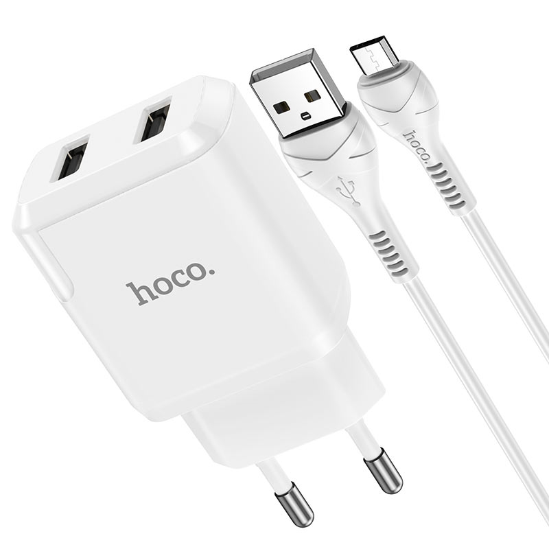 Зарядное устройство hoco n7 speedy 2*usb + кабель usb-micro, 2.1a, белый