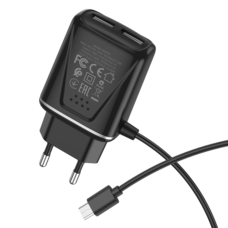 Зарядное устройство borofone ba50a beneficence 2*usb + кабель usb-micro, 2.1a, черный