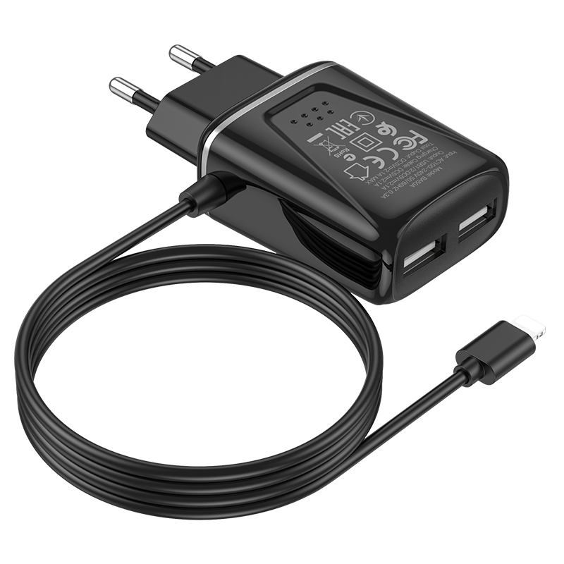 Зарядное устройство borofone ba50a beneficence 2*usb + кабель usb-lightning, 2.1a, черный