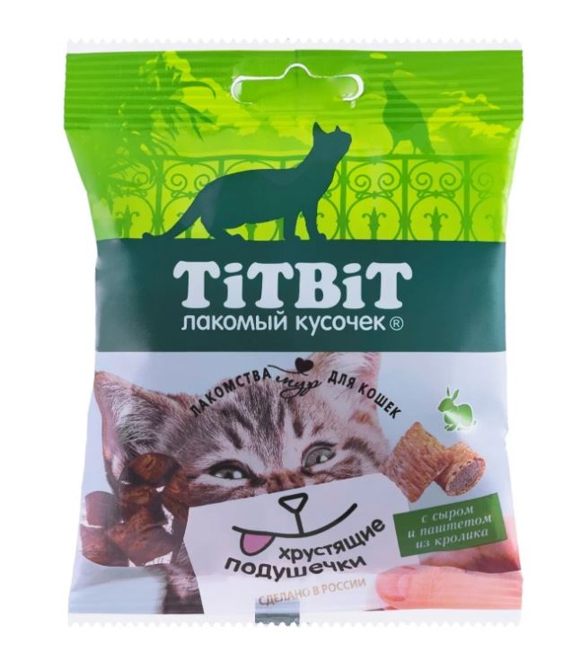 Лакомство для кошек Titbit Хрустящие подушечки, сыр, паштет из кролика, 30 г