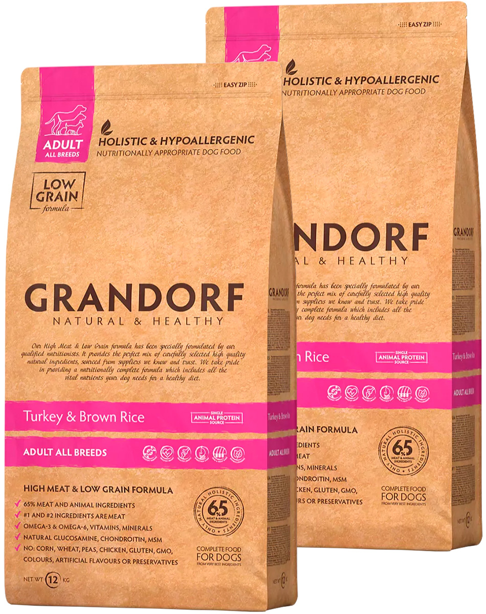 

Сухой корм для собак Grandorf с индейкой и коричневым рисом, 2 шт по 12 кг