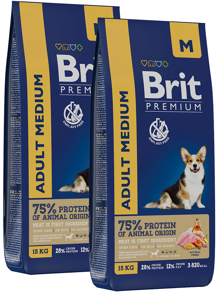 

Сухой корм для собак средних пород Brit Premium с курицей, 2 шт по 15 кг