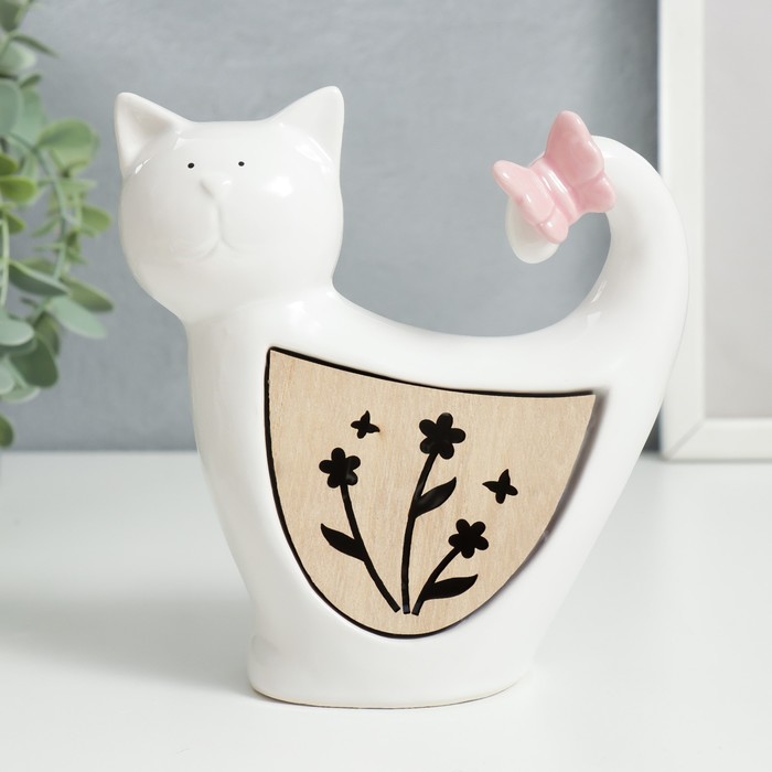 

Сувенир керамика, дерево, свет "Кот с бабочкой на хвосте" 14,6х6,2х13,7 см, Белый