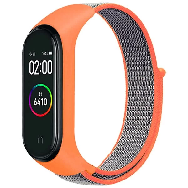 

Ремешок нейлоновый для Xiaomi Mi Band 3/4/5 (26), оранжевый+серый, на липучке