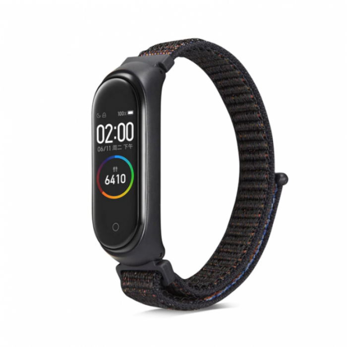 

Ремешок нейлоновый для Xiaomi Mi Band 3/4/5 (23), светоотражающий черный, на липу