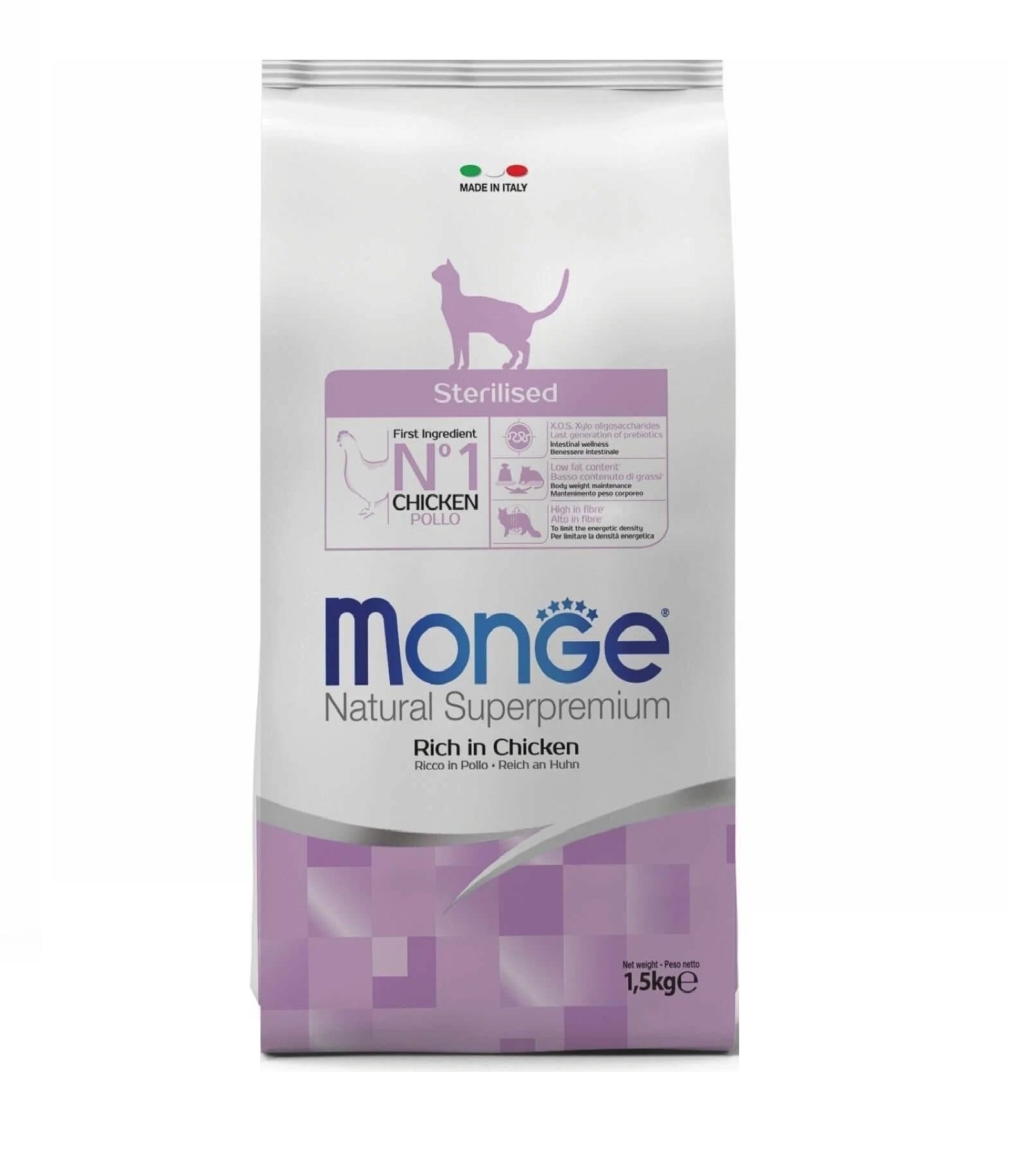 Сухой корм для кошек Monge Cat Sterilised, для стерилизованных кошек, курица,рис, 1,5 кг