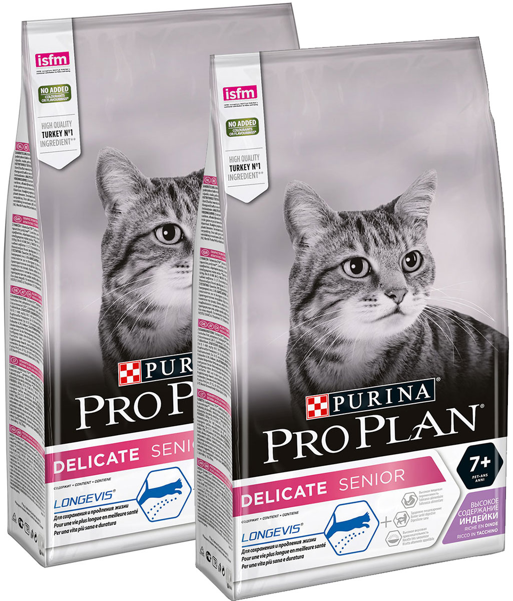 

Сухой корм для кошек Pro Plan Cat Senior 7+ Delicate Turkey индейка, 2 шт по 1,5 кг