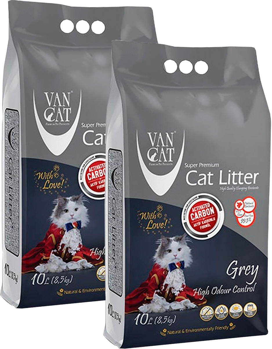 Наполнитель для туалета кошек Van Cat Grey с активированным углем без пыли, 2 шт по 8,5 кг