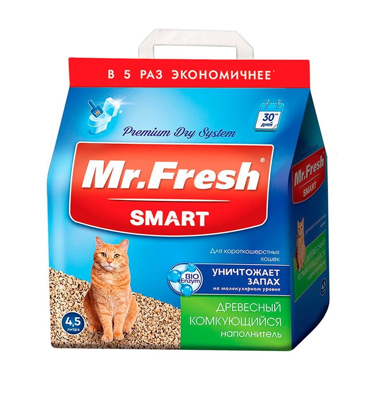 Комкующийся наполнитель Mr.Fresh Smart древесный, для короткошерстных, 4 шт по 4,5 л