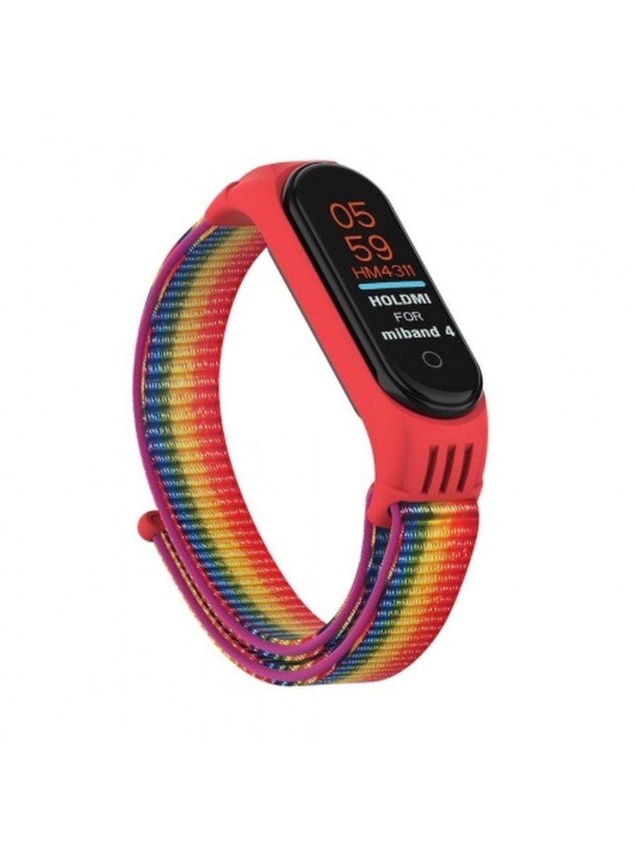 

Ремешок нейлоновый для Xiaomi Mi Band 3/4/5 (21), ярко-радужный, на липучке