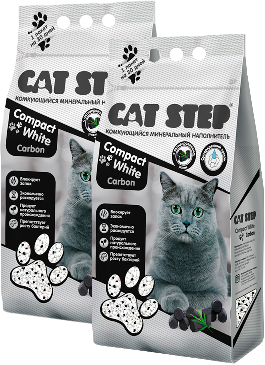 Комкующийся наполнитель Cat Step Compact White Carbon бентонитовый, 2 шт по 5 л