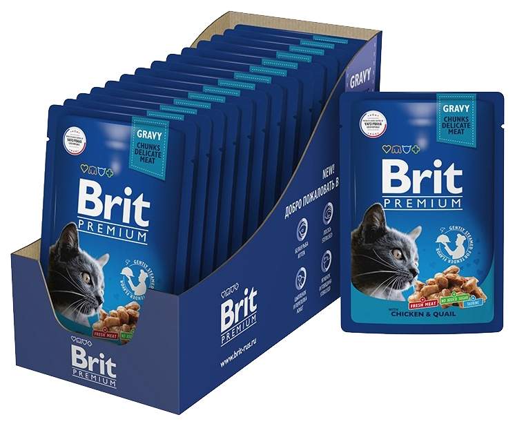 

Влажный корм для кошек Brit Premium с курицей и перепелкой в соусе, 14 шт по 85 г, Premium