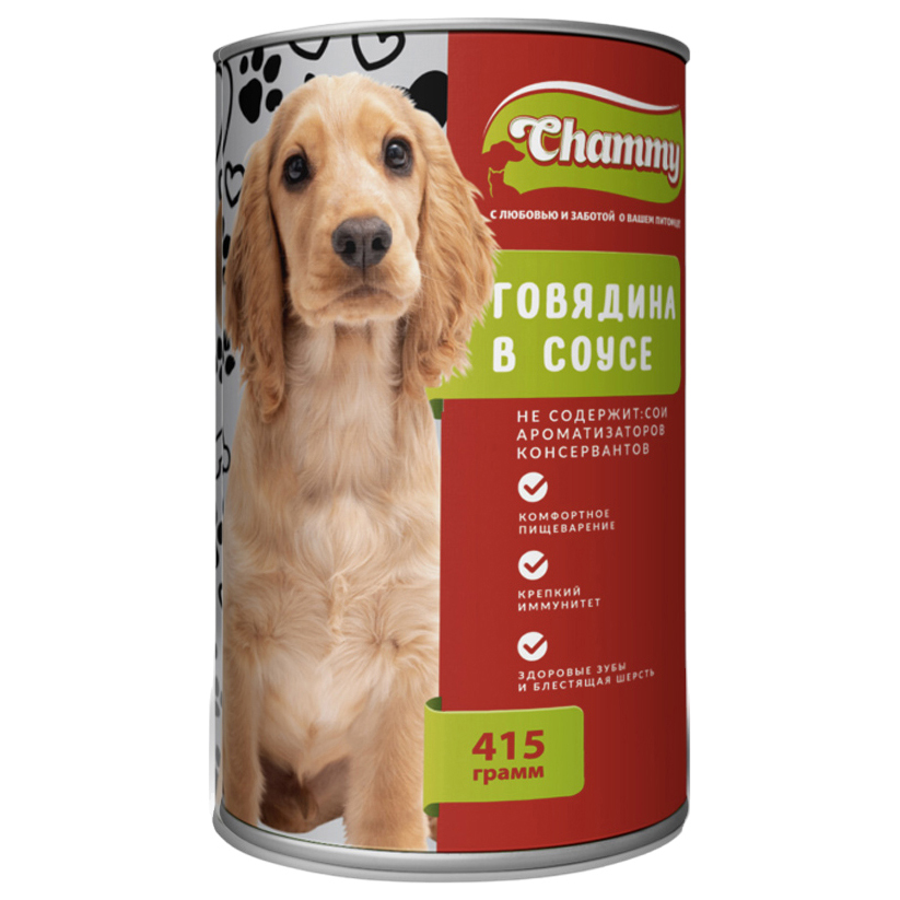 

Консервы для собак Chammy, для пород любого размера, говядина, 415г, для пород любого размера