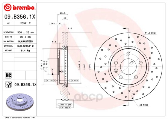 

Тормозной диск brembo передний вентилируемый 300x26 5 отверстий 09B3561X