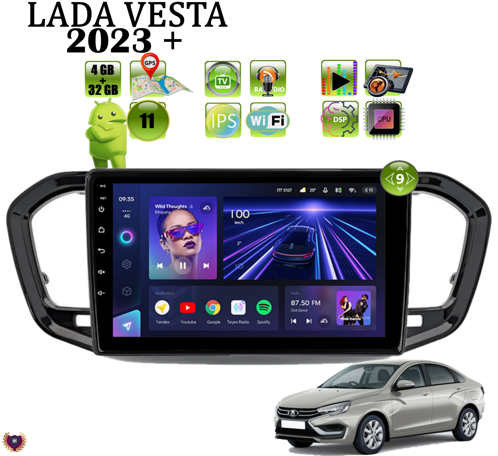 Автомагнитола Podofo для Lada Vesta (2023 +) глянцевая, Android 11, 4/32 GB, Bluetooth