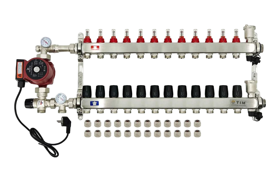 

Коллектор для теплого пола на 12 контура c смесительным узлом 1035 до 140 кв/м(без насоса), Коллектор для теплого пола в сборе 1035_светло-серый_черный