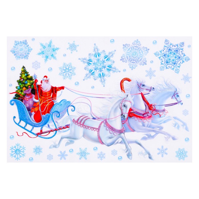 Набор наклеек Дед Мороз глиттер, три коня, снежинки, 16,7 х 24,6 см