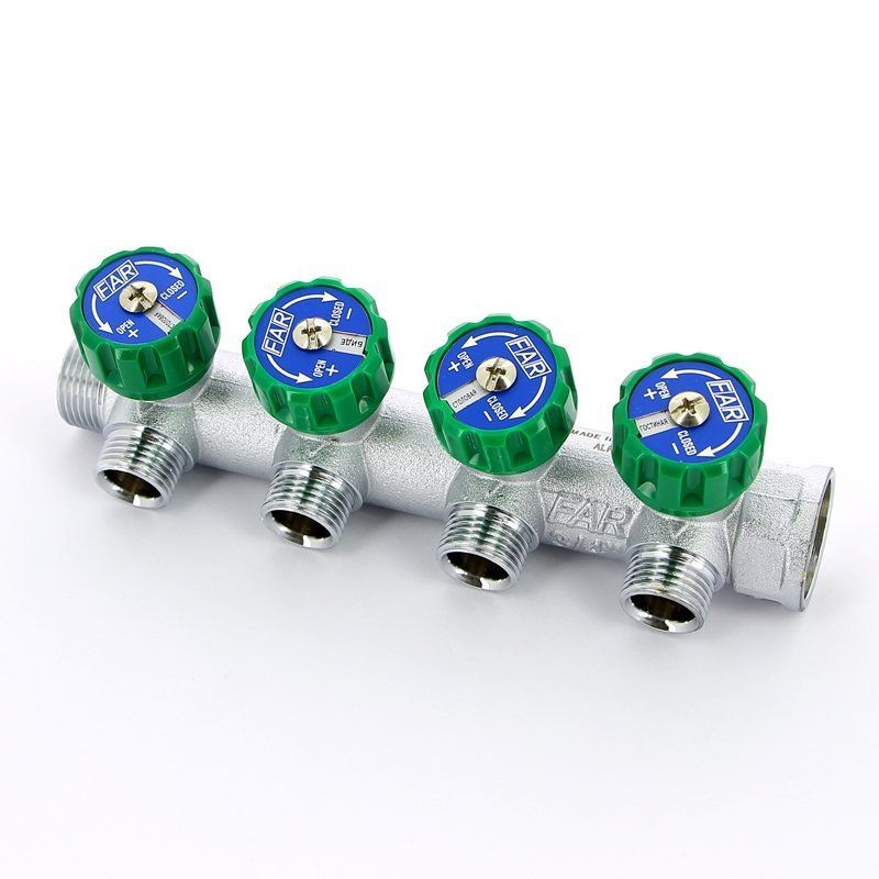 

Коллектор FAR FK 3824 3412TP регулирующий проходной ВР-НР 3/4"х1/2" с 4 отводами, Хром, 4165