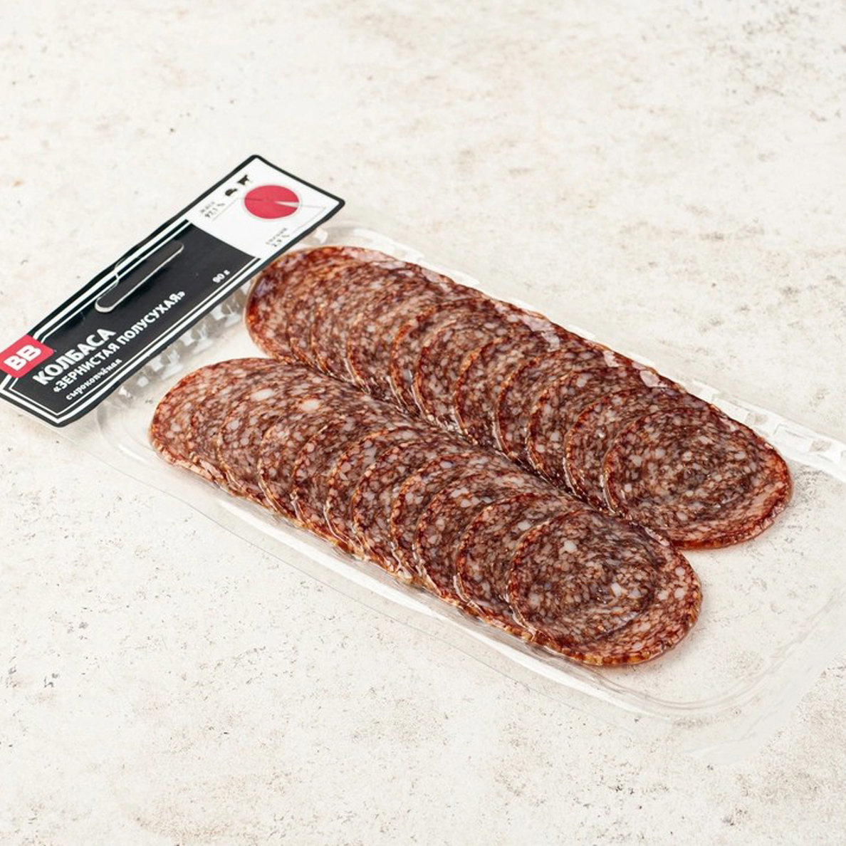 

Колбаса сырокопченая ВкусВилл Зернистая полусухая нарезка 90 г