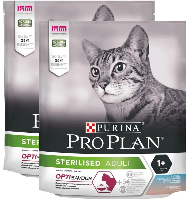

Сухой корм ProPlan для стерилизованных и кастрированных кошек, треска и форель, 2х400гр