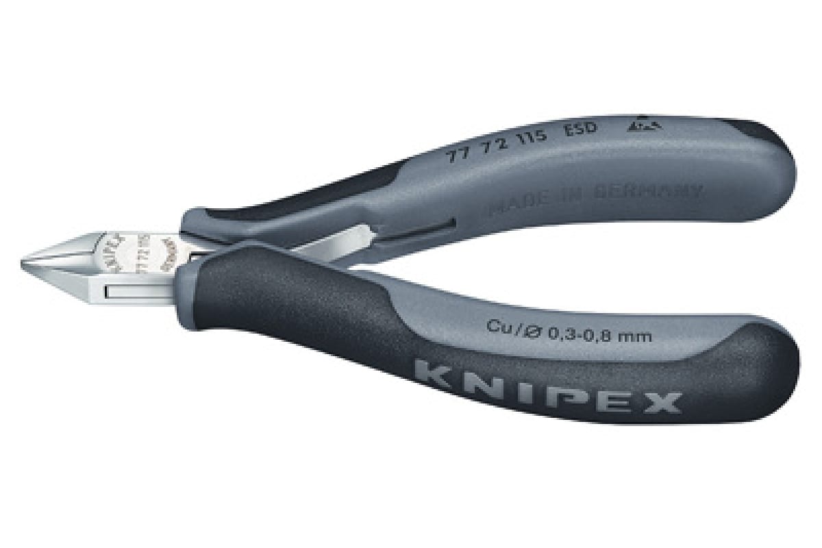 

KNIPEX Бокорезы ESD для электроники, острая маленькая головка, мал. фаска, рез: провол. мя
